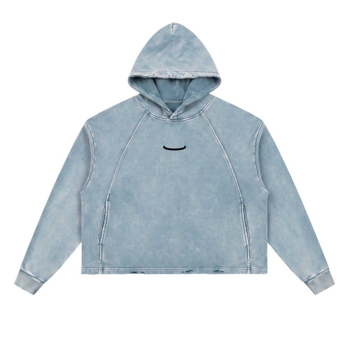 The Washed Hoodie in Blue, front: a small ink arc centred on the chest
