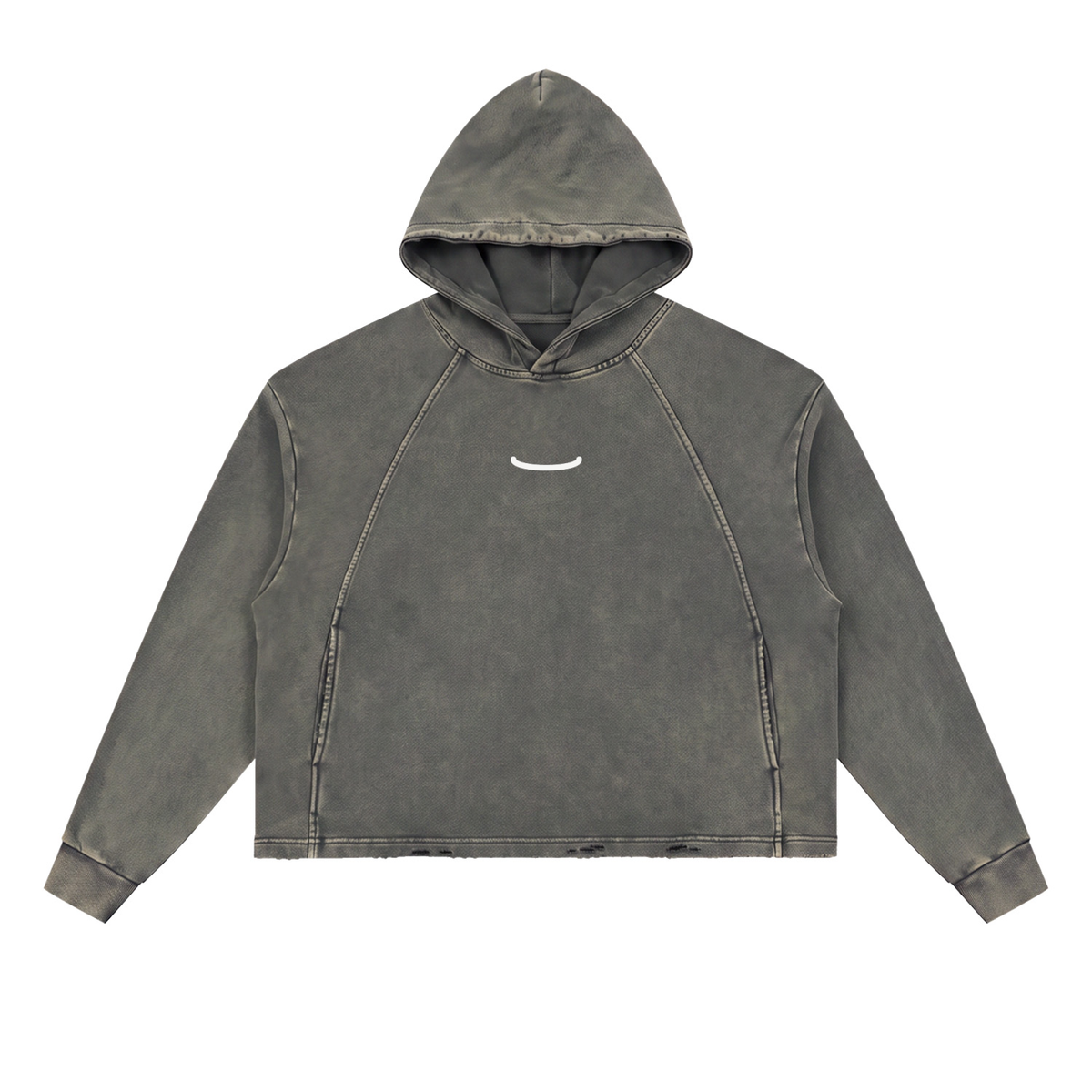 The Washed Hoodie in Gray, front: a small bone arc centred on the chest