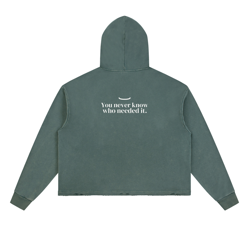 The Washed Hoodie in Gray Green, back: You never know who needed it. in bone