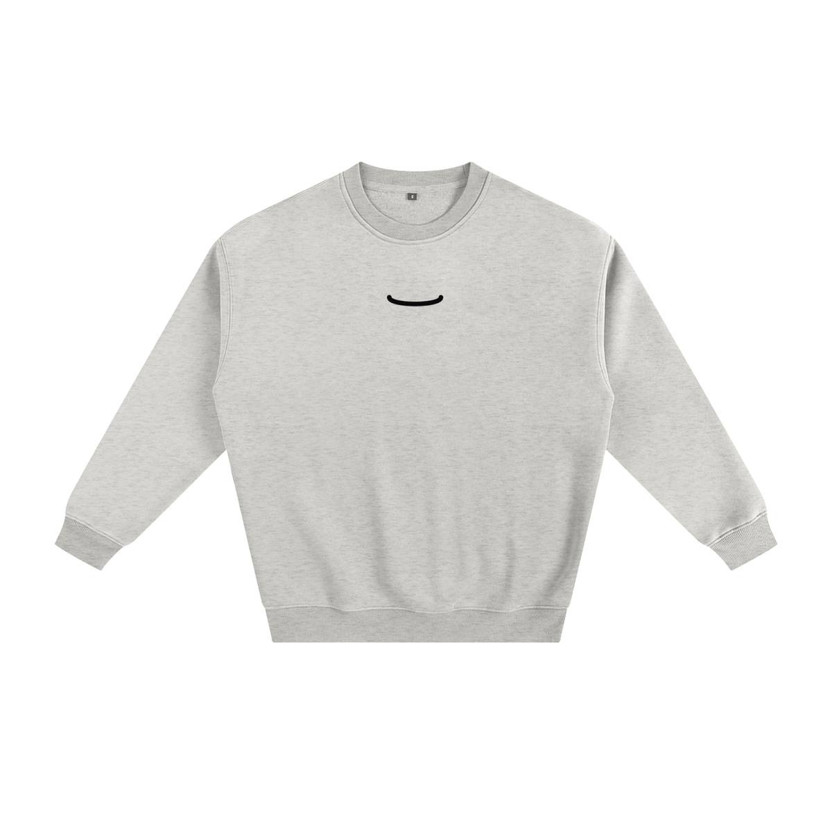 The Arc Crewneck in Oat, front: oat heather heavyweight crewneck sweatshirt with one small ink smile arc centred on the chest
