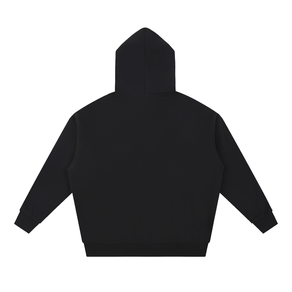 The Arc Hoodie in black, back view, blank