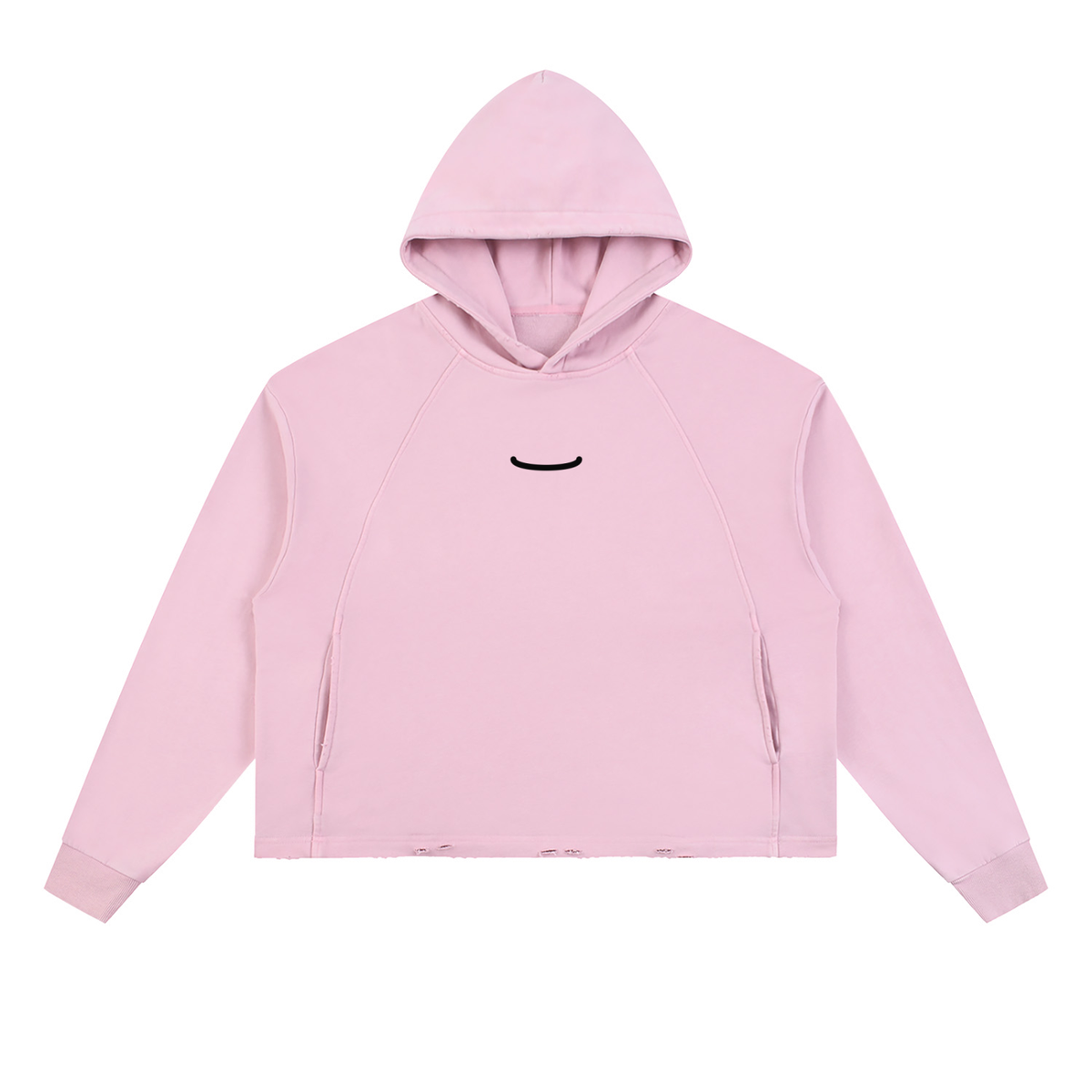 The Washed Hoodie in Pink, front: a small ink arc centred on the chest