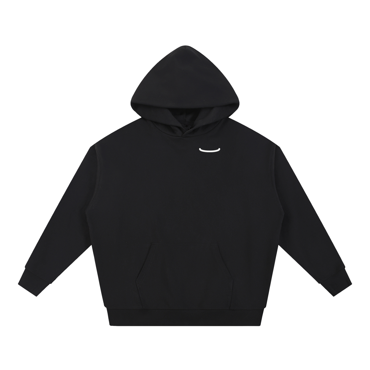 The Arc Hoodie in black, front: a small bone smile arc on the left chest of a heavyweight fleece pullover