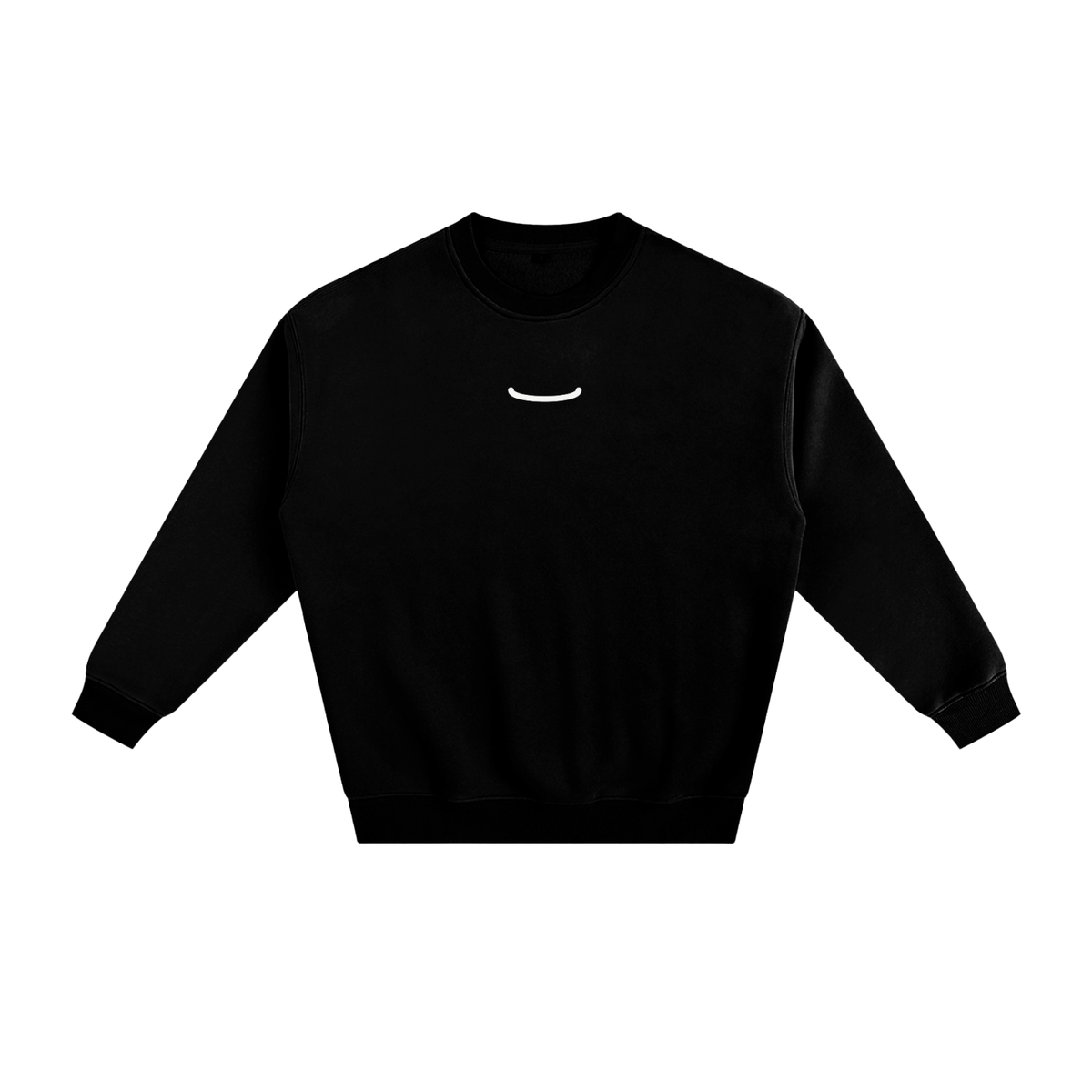 The Arc Crewneck in Ink, front: black heavyweight crewneck sweatshirt with one small bone smile arc centred on the chest