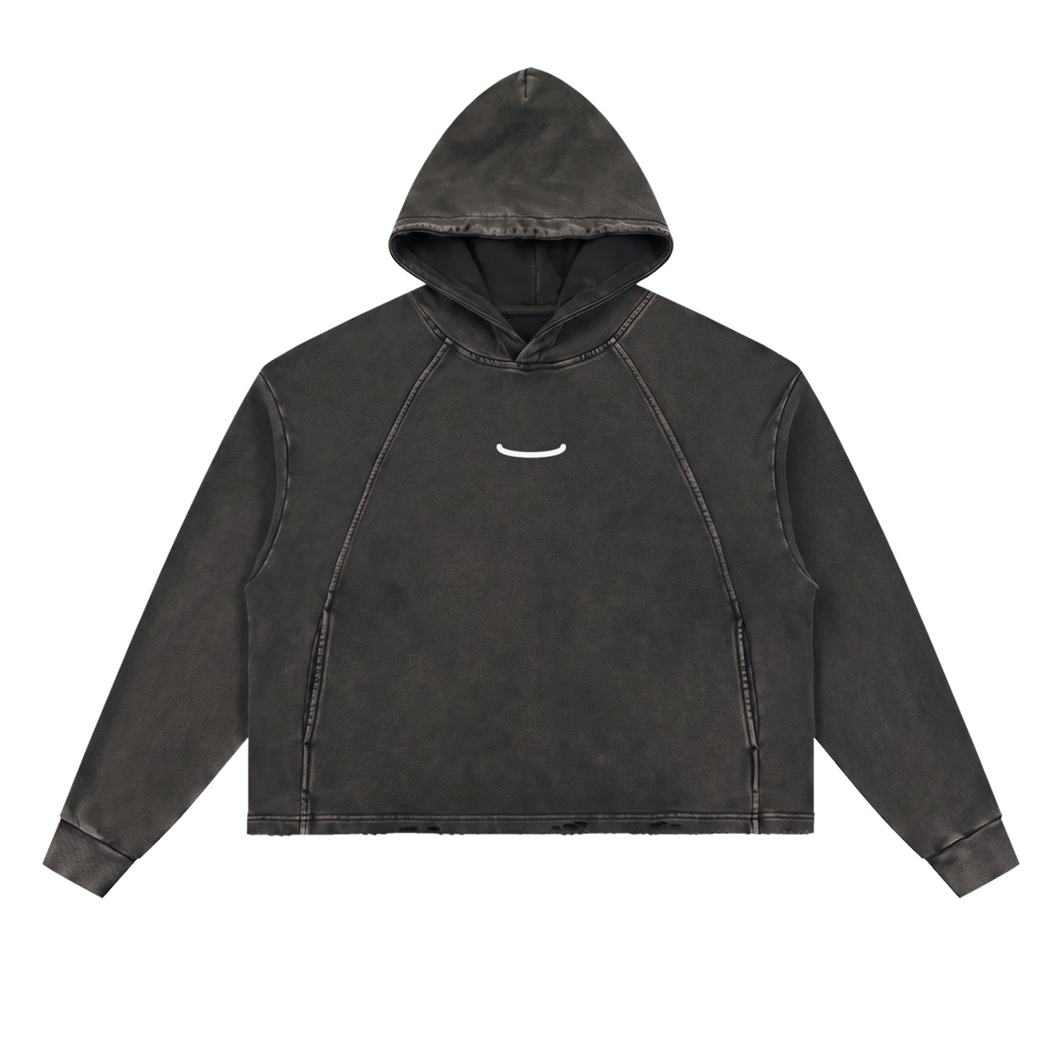 The Washed Hoodie in Black, front: a small bone arc centred on the chest