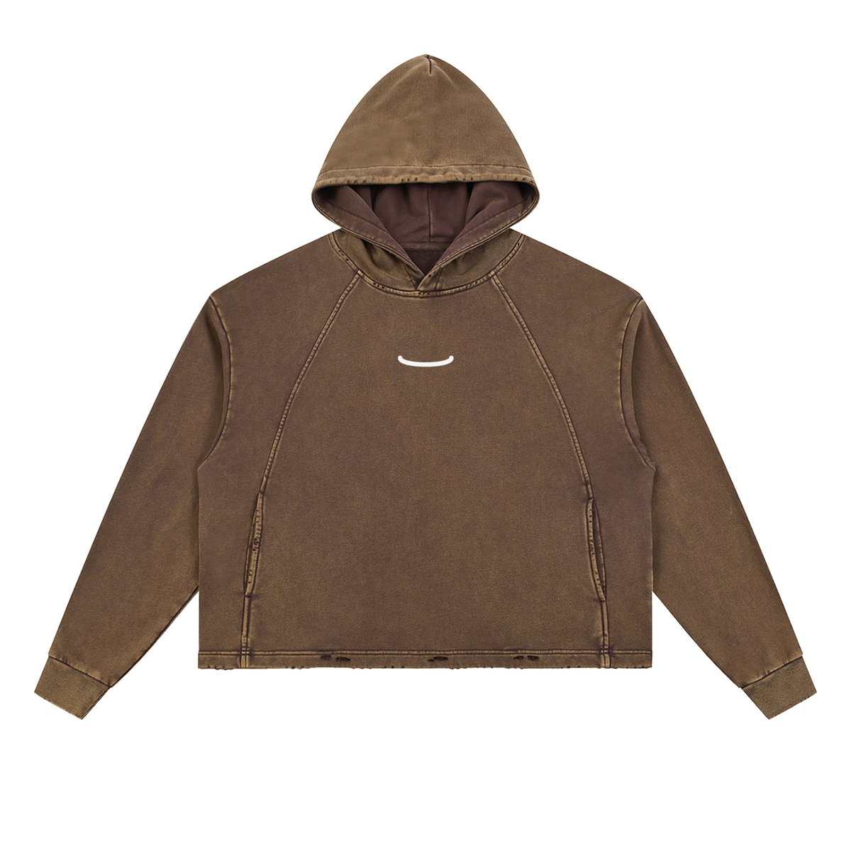 The Washed Hoodie in Brown, front: a small bone arc centred on the chest