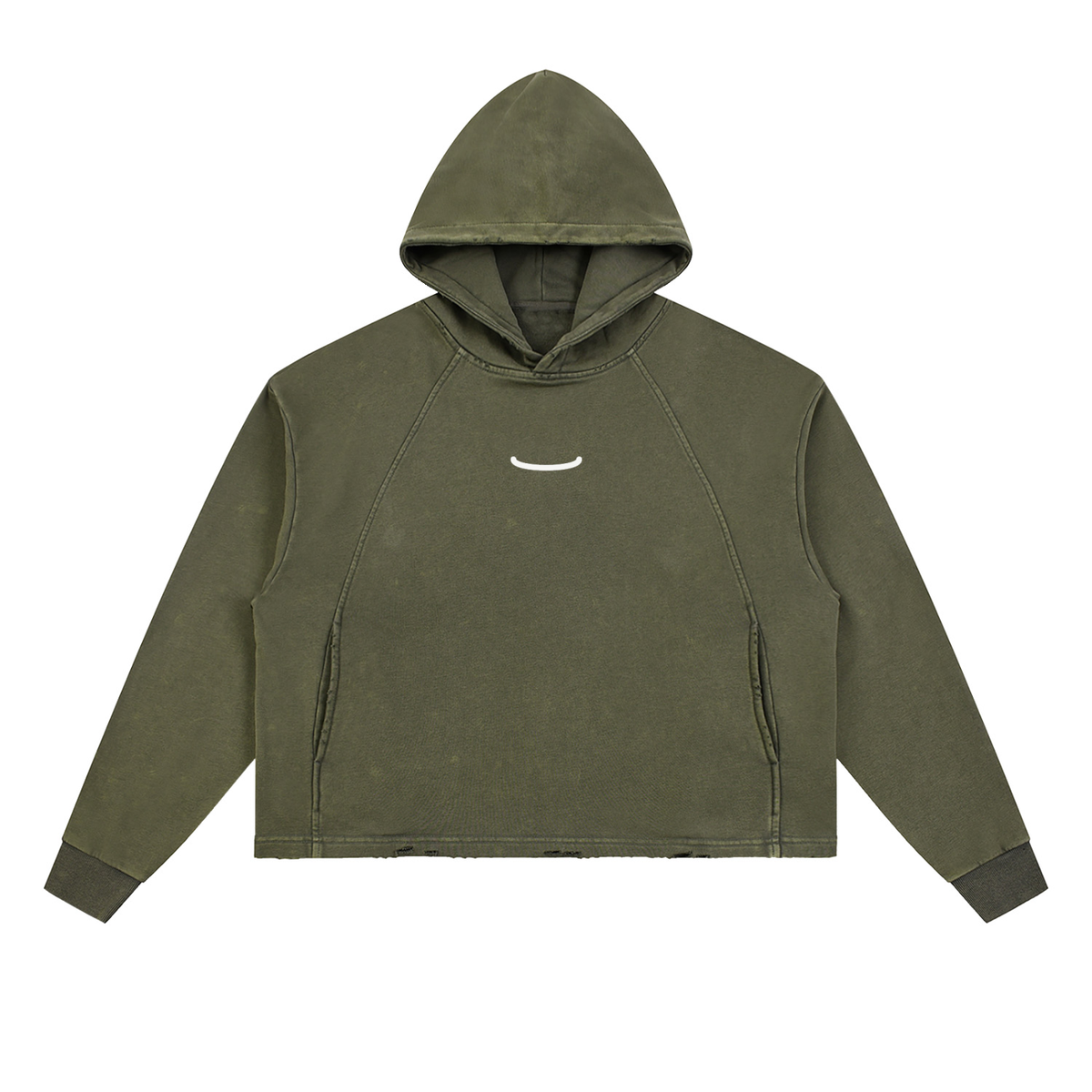 The Washed Hoodie in Army Green, front: a small bone arc centred on the chest