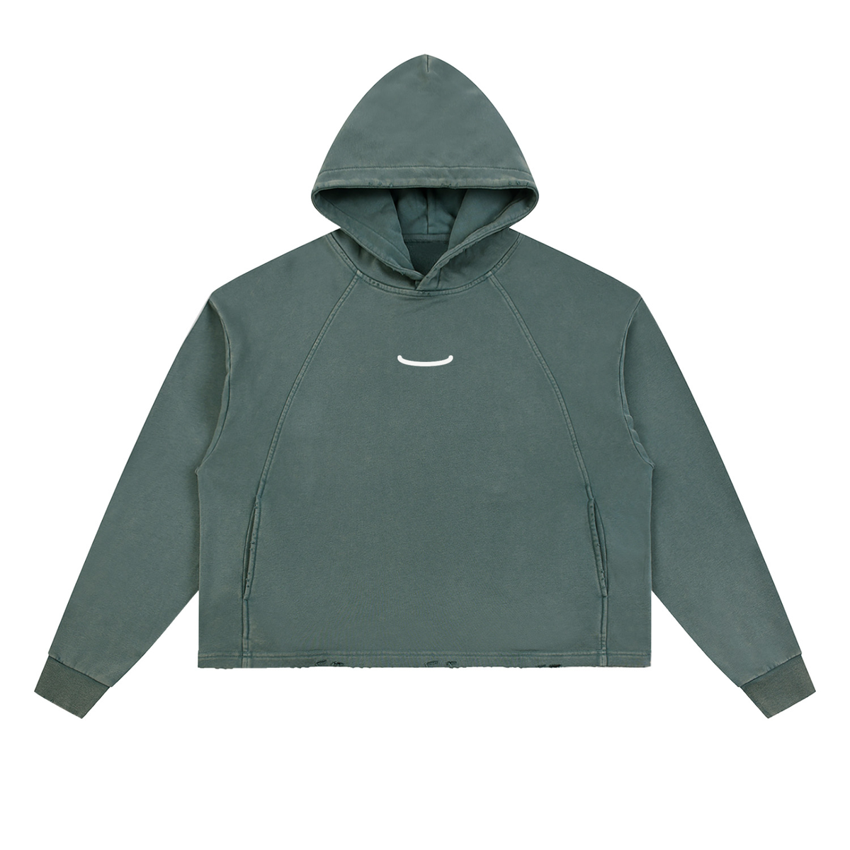 The Washed Hoodie in Gray Green, front: a small bone arc centred on the chest