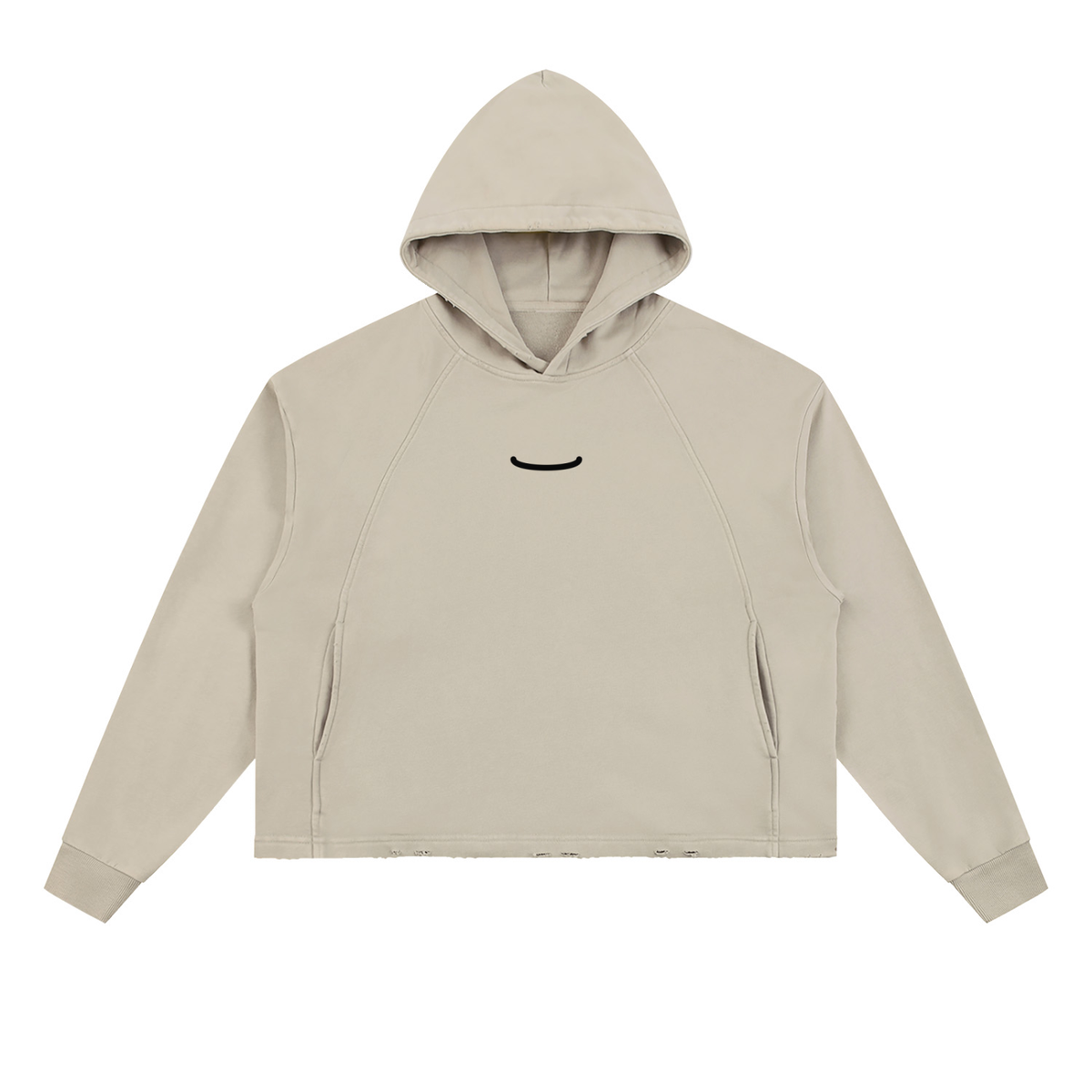 The Washed Hoodie in Gray Camel, front: a small ink arc centred on the chest
