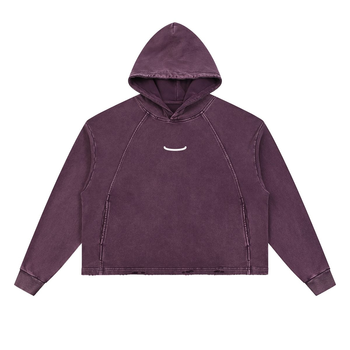 The Washed Hoodie in Purple, front: a small bone arc centred on the chest