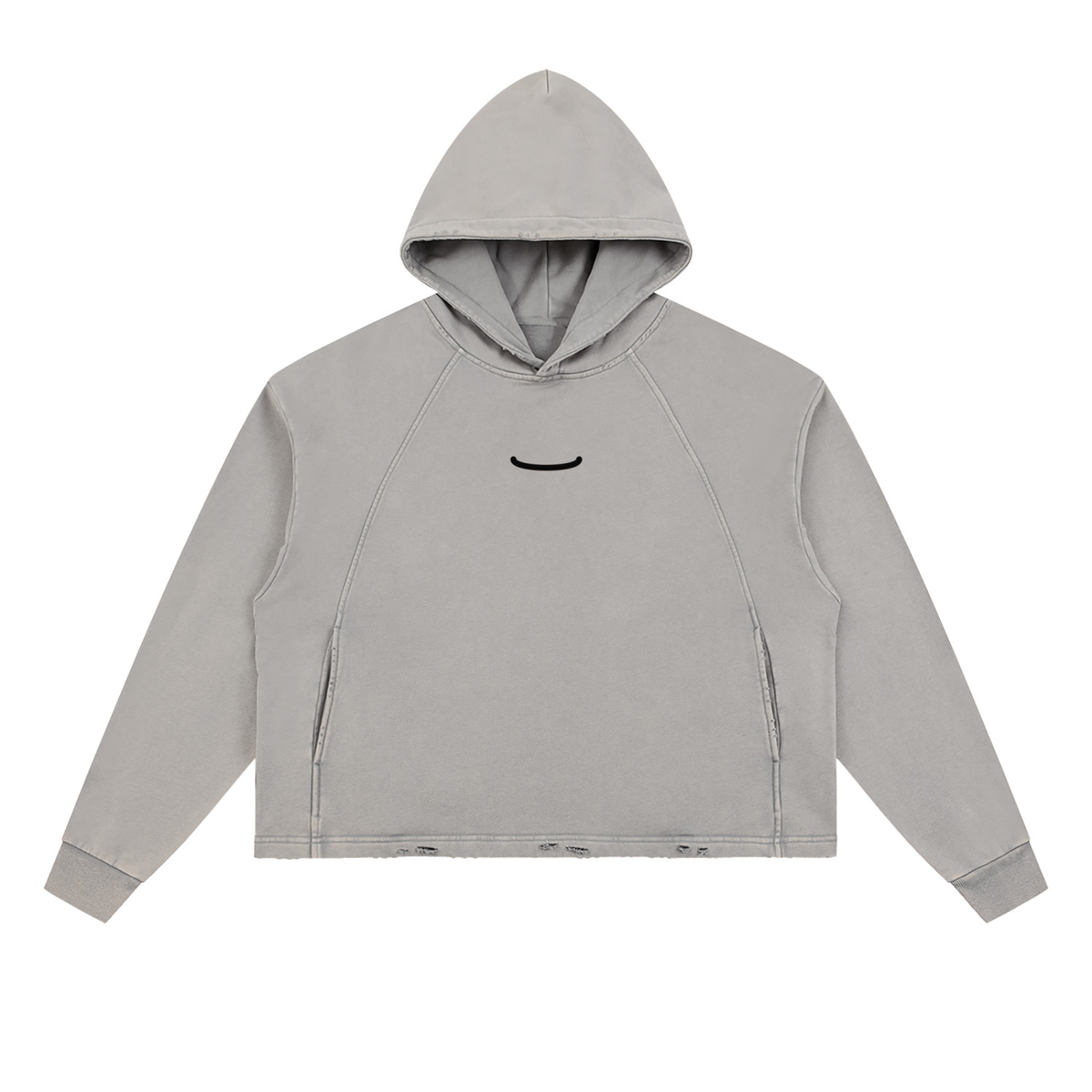 The Washed Hoodie in Gray Apricot, front: a small ink arc centred on the chest
