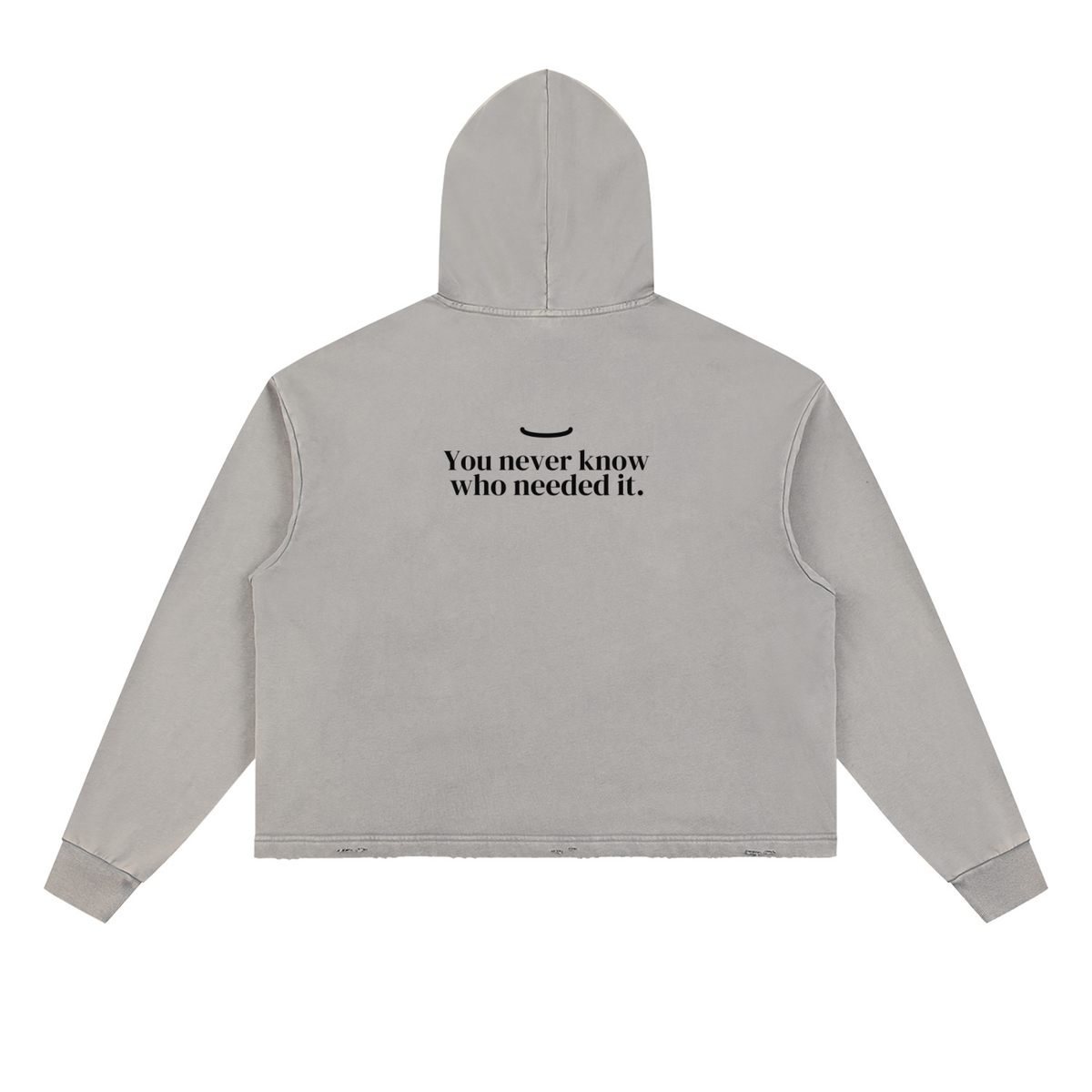 The Washed Hoodie in Gray Apricot, back: You never know who needed it. in ink